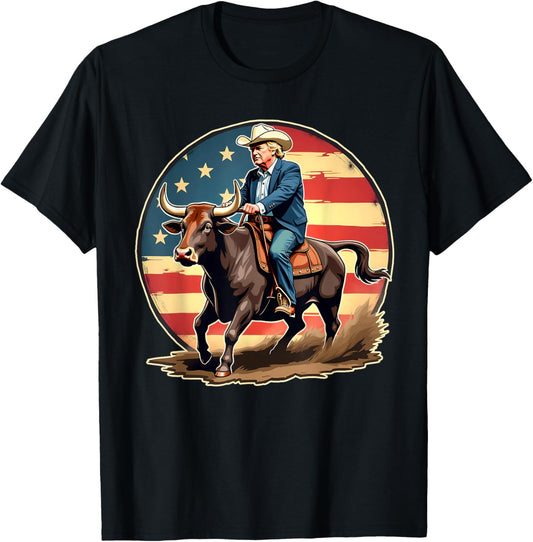 Trump Bull Rider American Flag USA Riding Rodeo Cowboy T-Shirt - T-Shirt | Black
