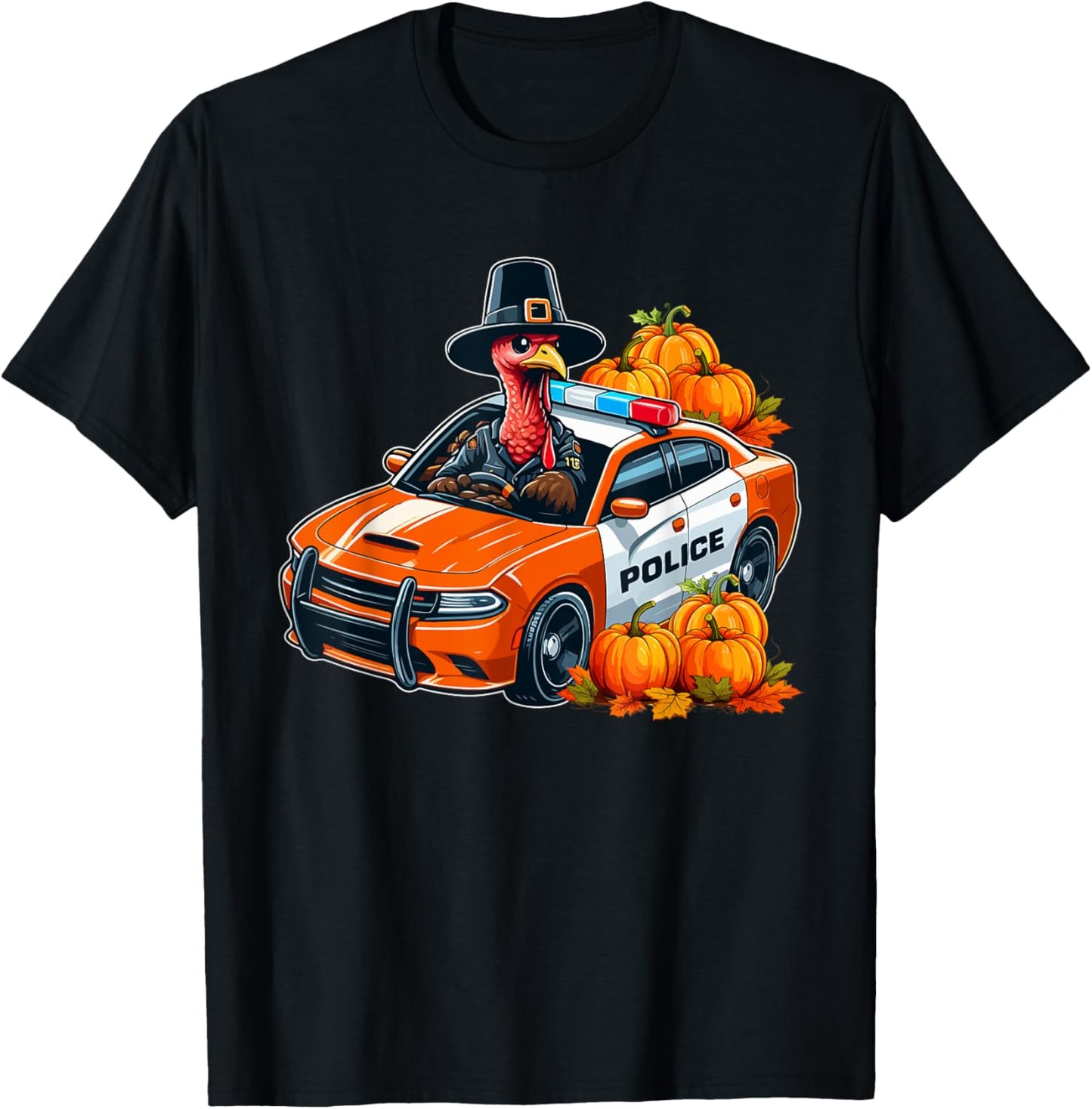 Turkey Driving Police Car Thanksgiving Driver Fall Pumpkins T-Shirt - T-Shirt | Black
