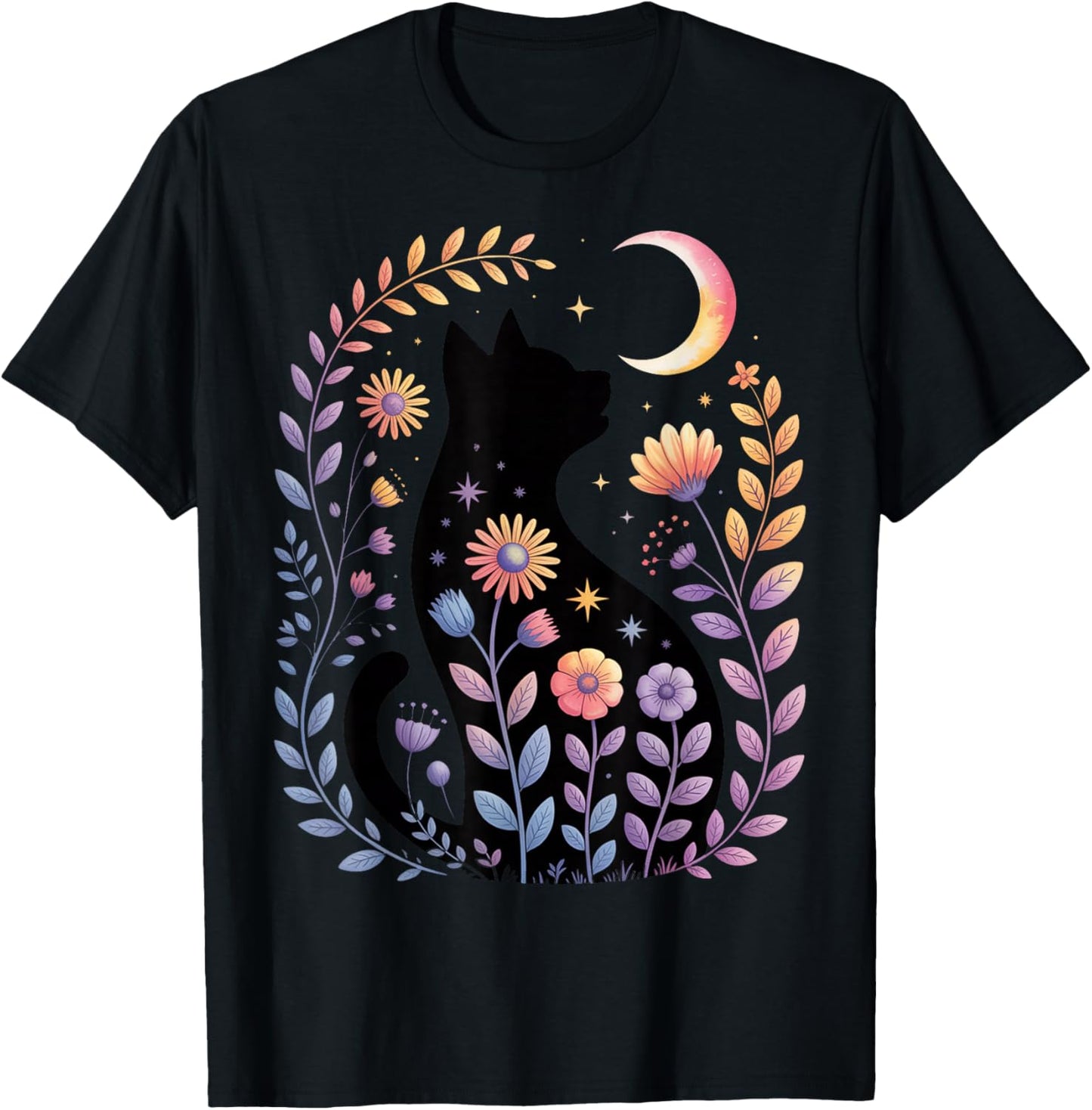 Midnight Cat and Crescent - Enchanted Lunar Garden Scene T-Shirt - T-Shirt | Black