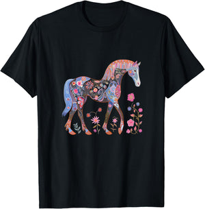 Horse Flowers Horseback Riding Equestrian Horse Girls Kids T-Shirt - T-Shirt | Black
