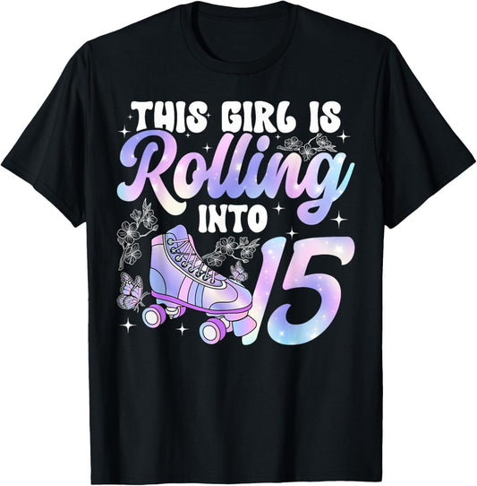 15th Roller Skating Birthday Fifteen Year Old Roller Skater T-Shirt - T-Shirt | Black
