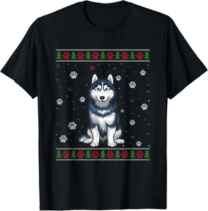 Siberian Husky Christmas Sweater Xmas Pet Animal Dog Lover Women Kids T-Shirt - T-Shirt | Black