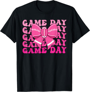 Game Day Football Season Football Mama Pink Coquette Bow T-Shirt - T-Shirt | Black