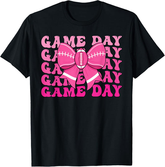 Game Day Football Season Football Mama Pink Coquette Bow T-Shirt - T-Shirt | Black