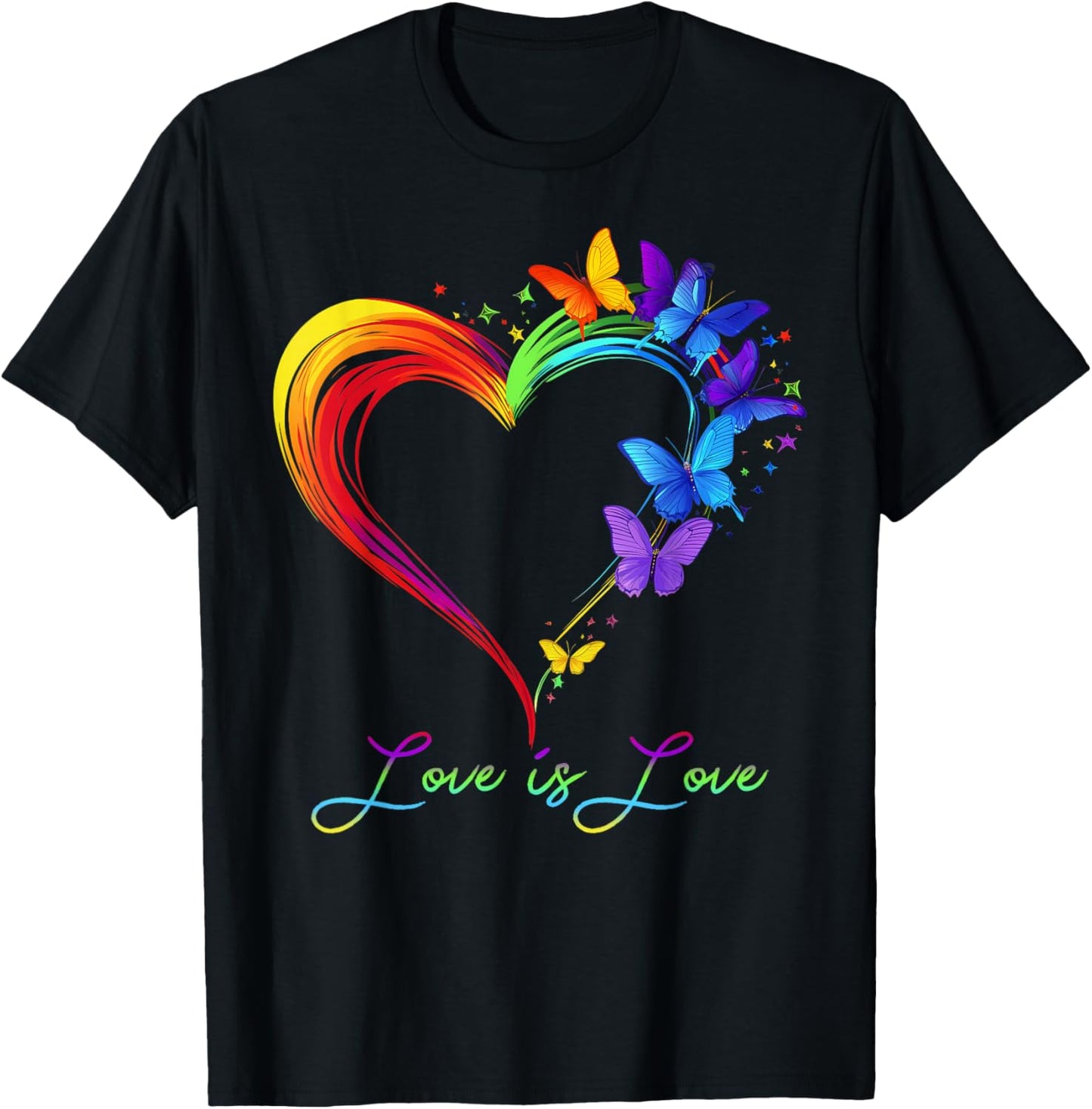Rainbow Love is Love LGBT Gay Lesbian Pride Butterfly Heart T-Shirt - T-Shirt | Black