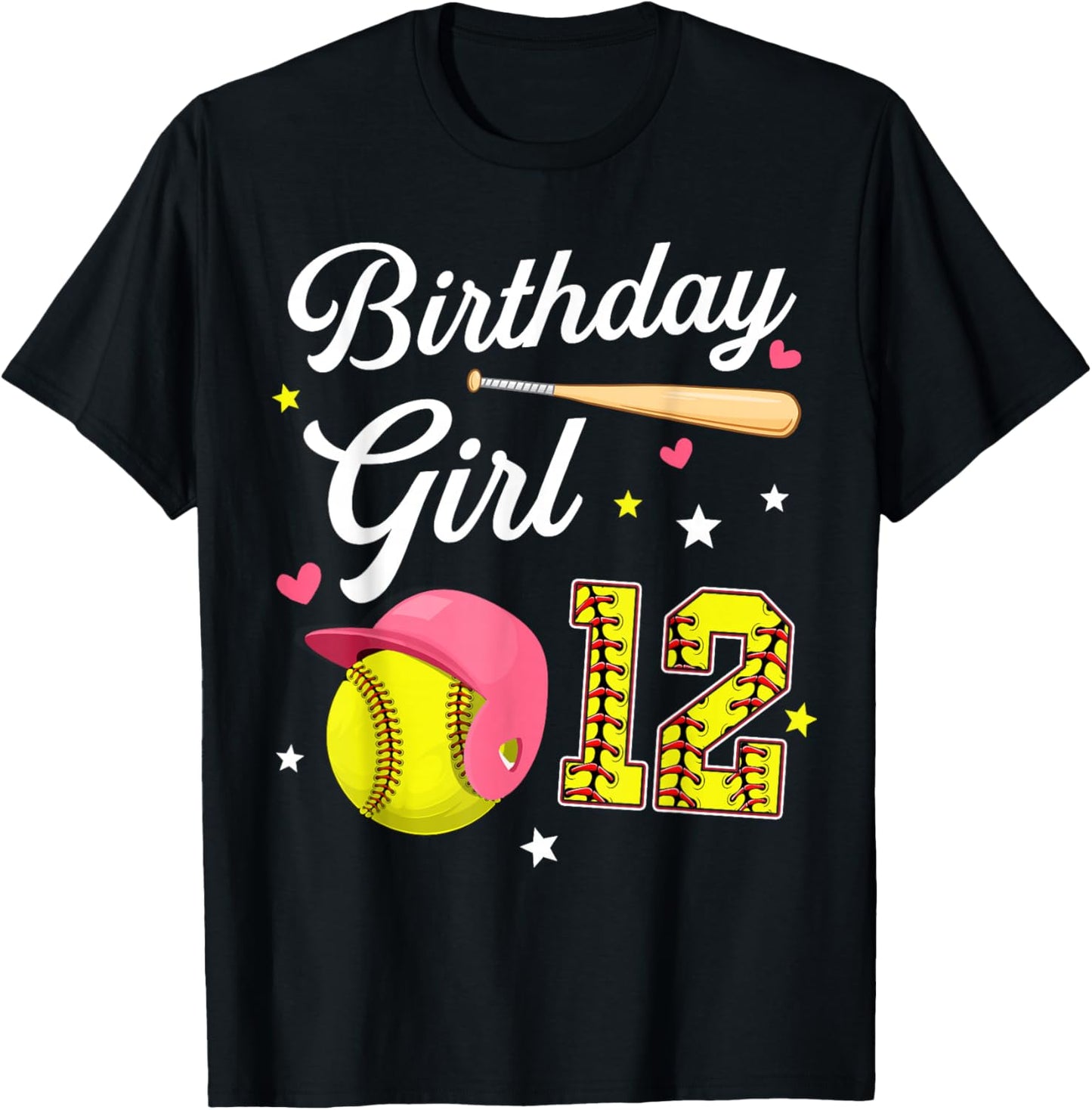 12th Birthday Girl Softball Twelfth Bday 12 Twelve Year Old T-Shirt - T-Shirt | Black