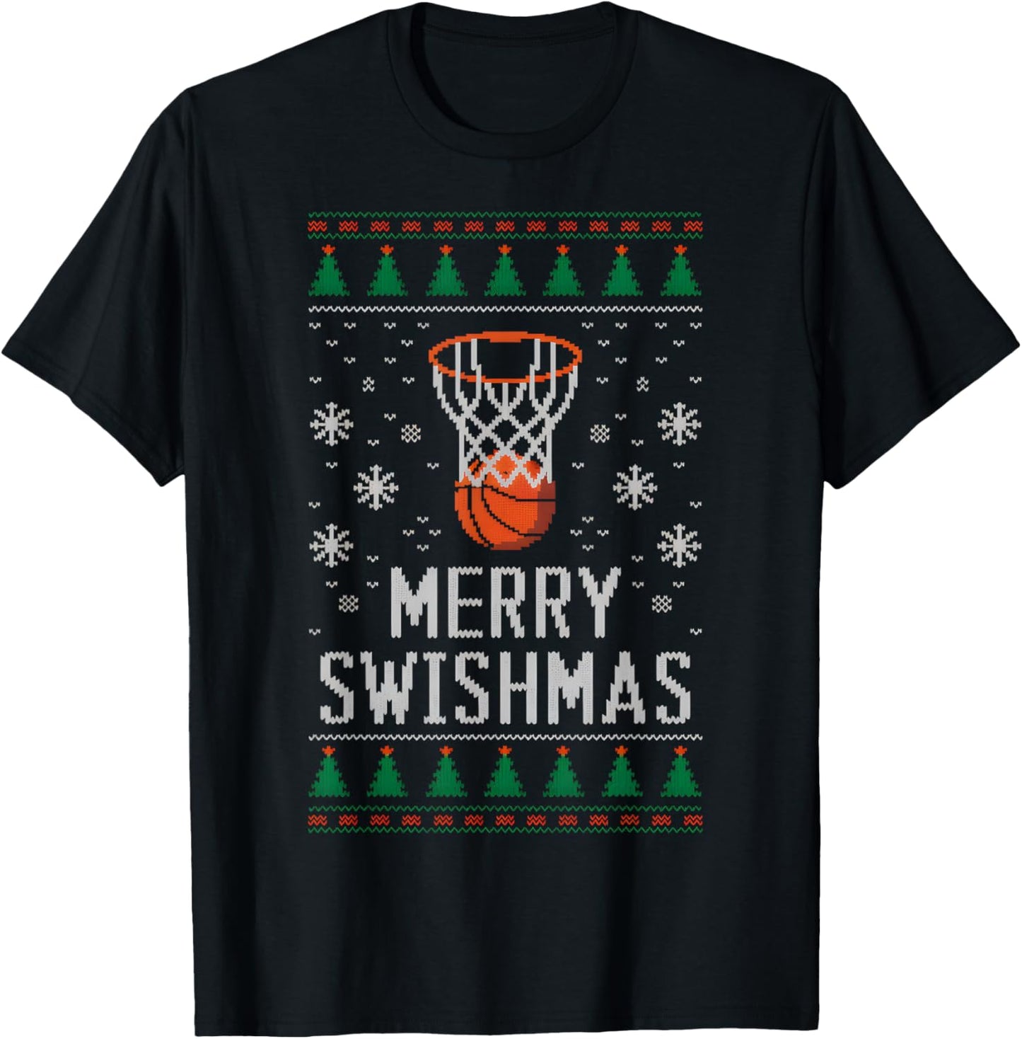 Merry Swishmas X-Mas Basketball Ugly Christmas Sweater Style T-Shirt - T-Shirt | Black