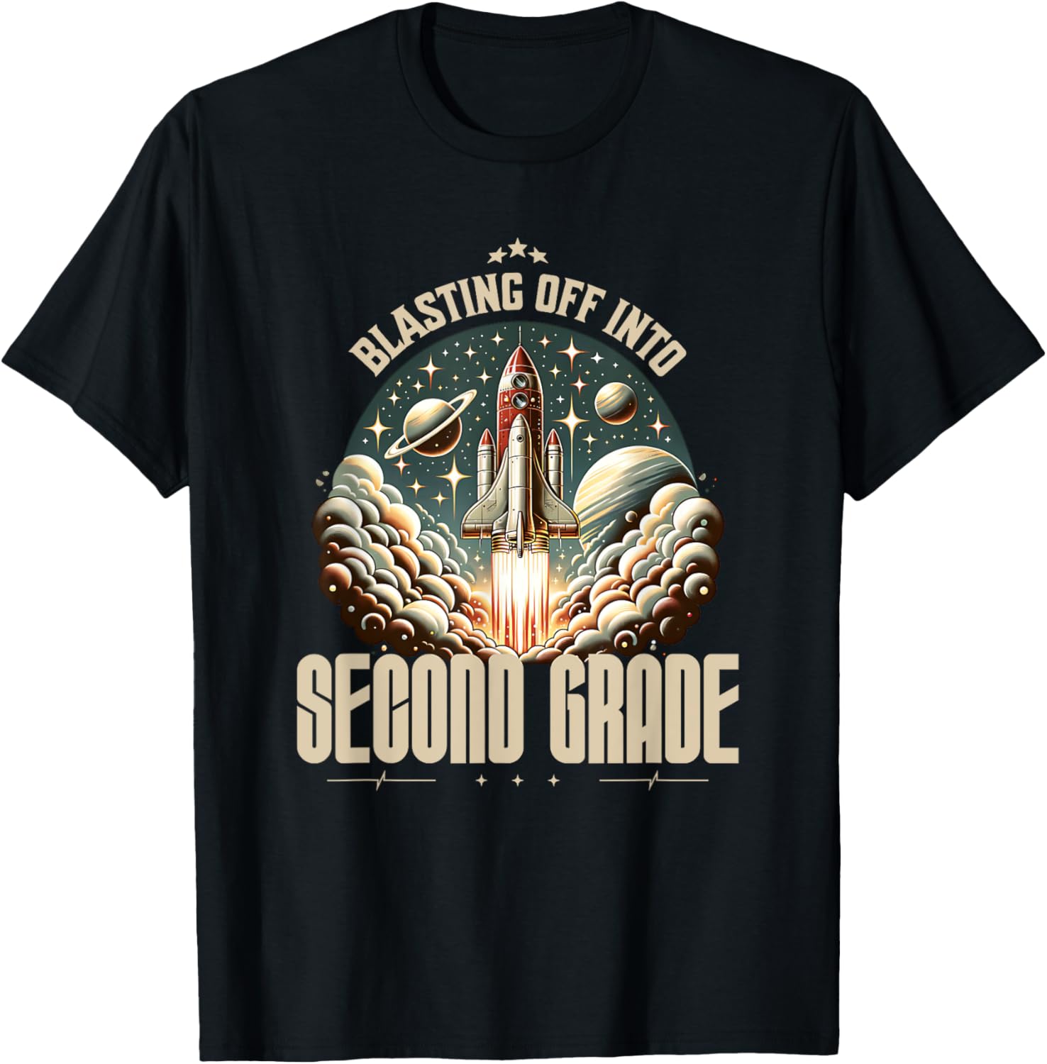 Blasting Off Into Second Grade Space Ship Back To School T-Shirt - T-Shirt | Black