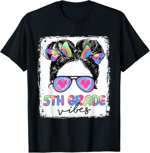 5th Grade Vibes Messy Hair Bun Girl Back To School First Day T-Shirt - T-Shirt | Black
