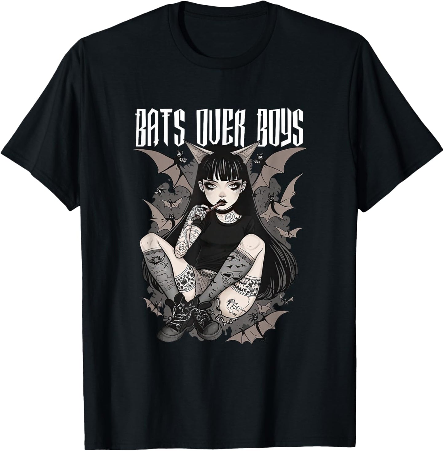 Bats Over Boys Quote Dark Aesthetic Spooky Gothic Anime Girl T-Shirt - T-Shirt | Black