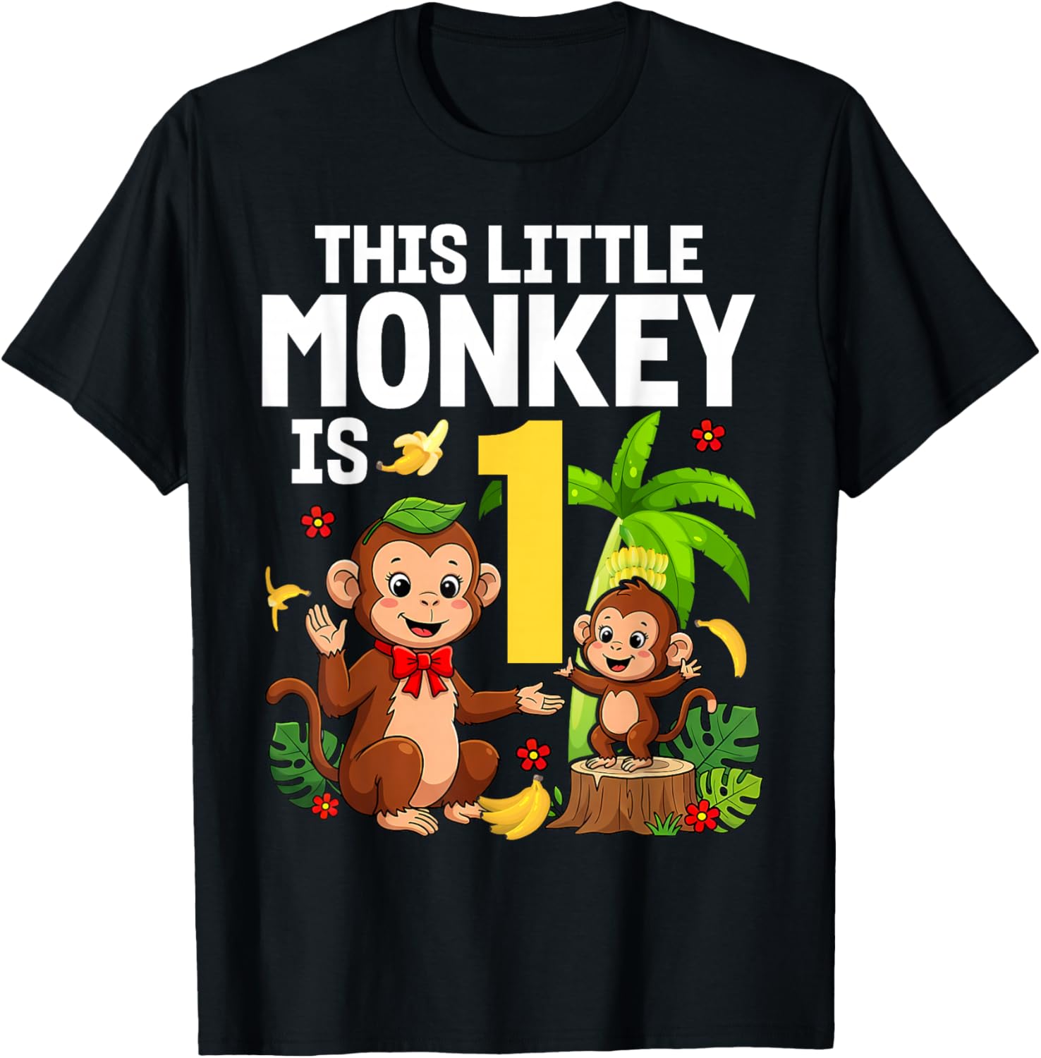 This Little Monkey is 1 Years Old Kid 1st Birthday Monkeys T-Shirt - T-Shirt | Black