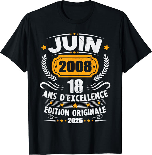 Vintage Cadeau d'anniversaire 18 Ans Née en Juin 2008 T-Shirt - T-Shirt | Black