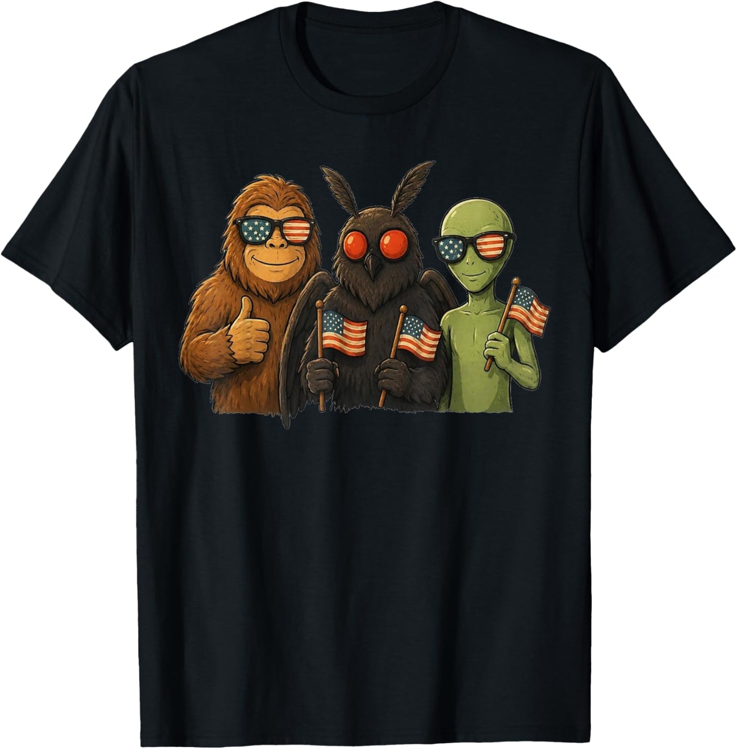 Alien and Bigfoot Mothman 4th of July American Flag Cryptid T-Shirt - T-Shirt | Black