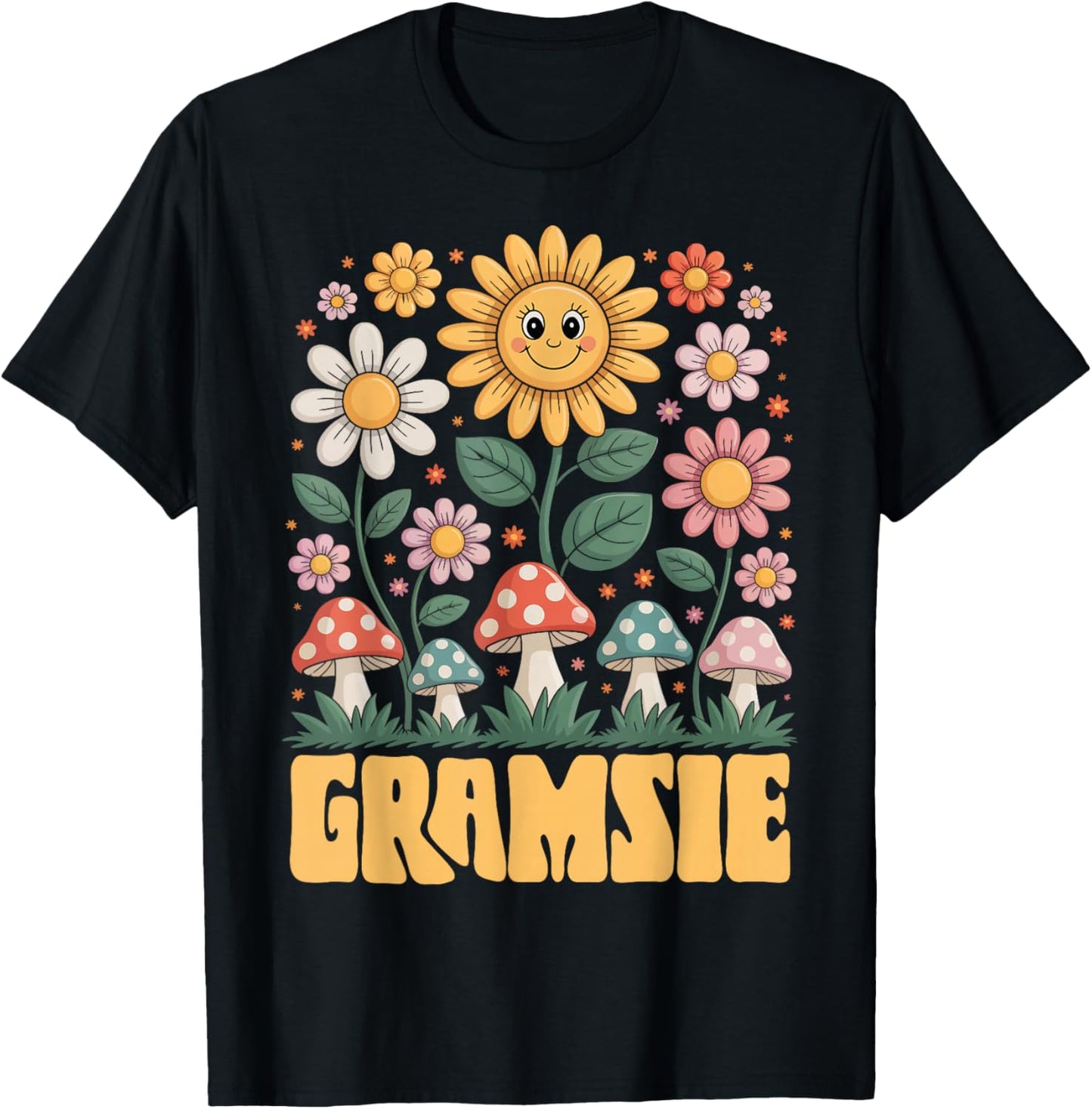 GRAMSIE Mother’s Day Floral Sunflower Mushroom Style T-Shirt - T-Shirt | Black