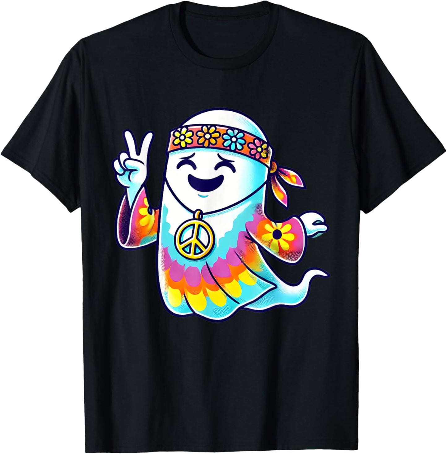 Hippie Ghost Tie Dye Flowers Halloween Men Women Kids T-Shirt - T-Shirt | Black