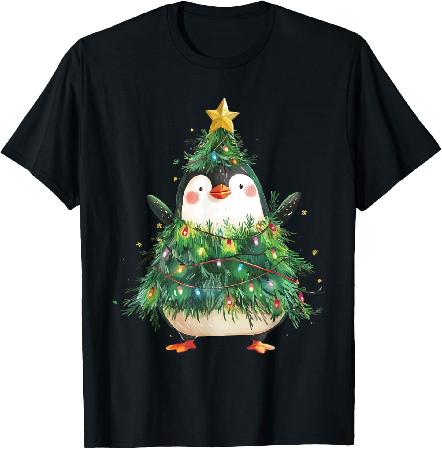 Penguin Christmas Tree Pajamas Girls Boys Xmas Lights T-Shirt - T-Shirt | Black