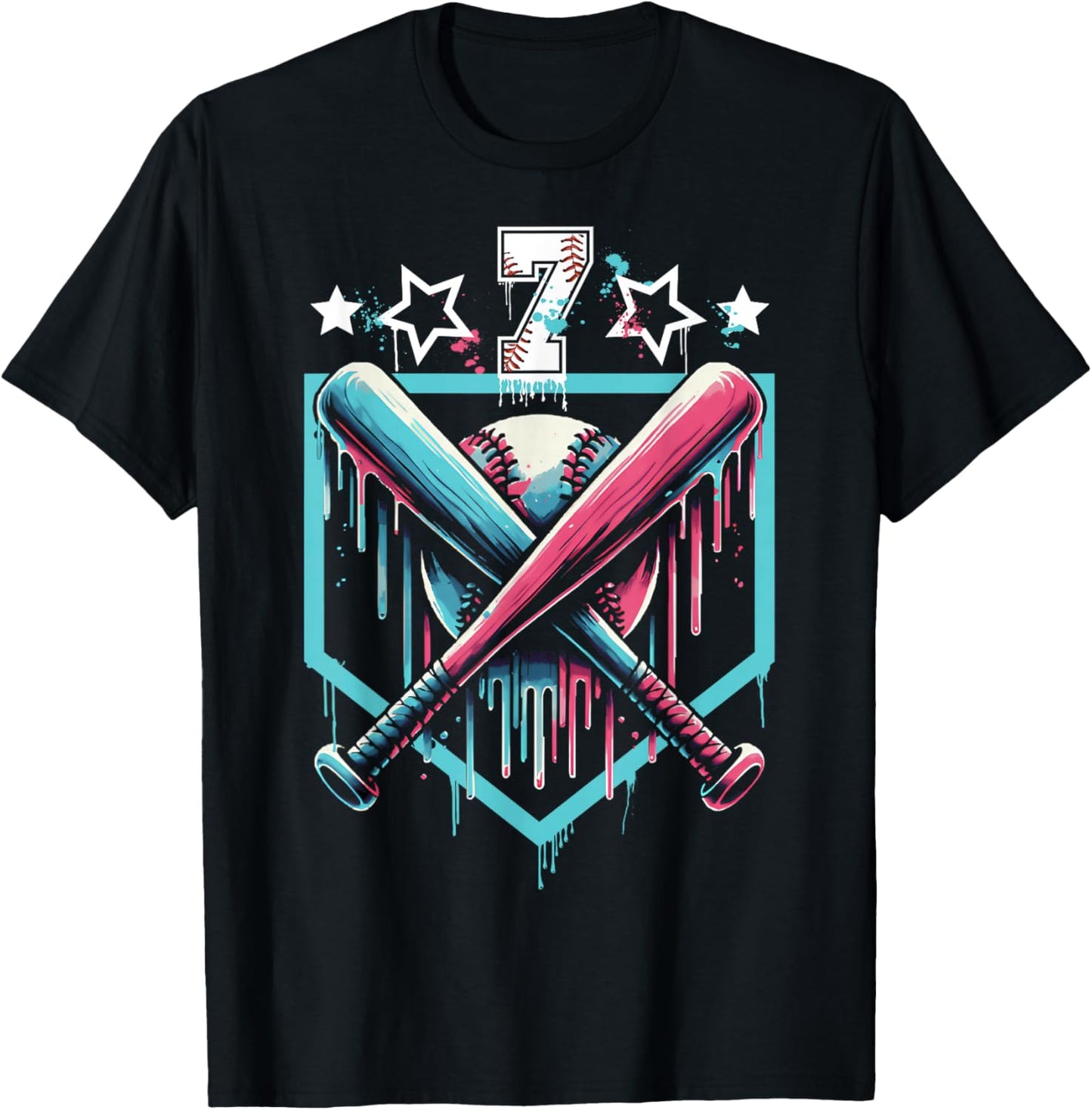 Baseball Drip 7th Birthday Boys Number 7 Youth 7 Year Old T-Shirt - T-Shirt | Black