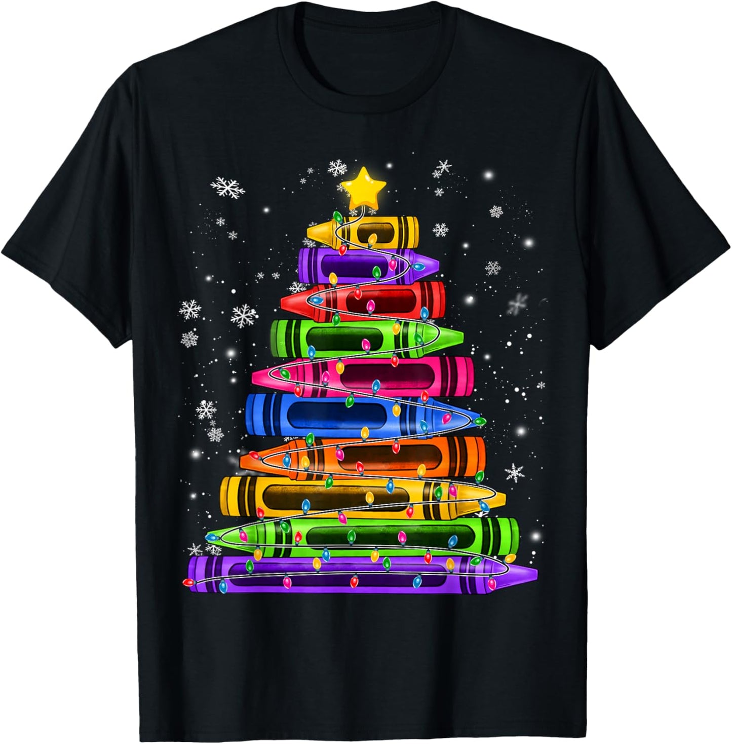 Crayon Christmas Tree Lights School Teacher Student Xmas T-Shirt - T-Shirt | Black