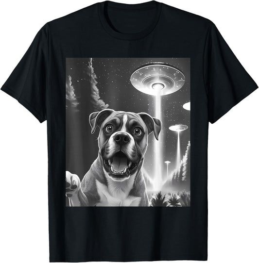 Funny Boxer Alien UFO Taking a Selfie Animal Lover Retro T-Shirt - T-Shirt | Black