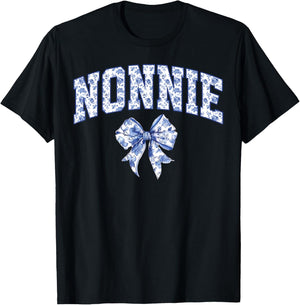 Nonnie Coquette Toile Blue Bow Floral Family Matching T-Shirt - T-Shirt | Black