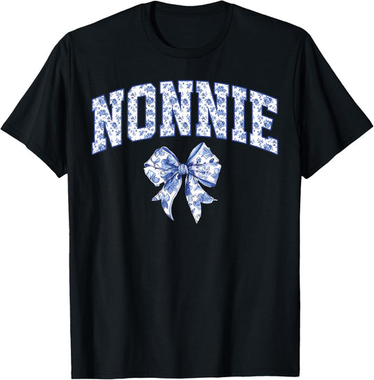Nonnie Coquette Toile Blue Bow Floral Family Matching T-Shirt - T-Shirt | Black