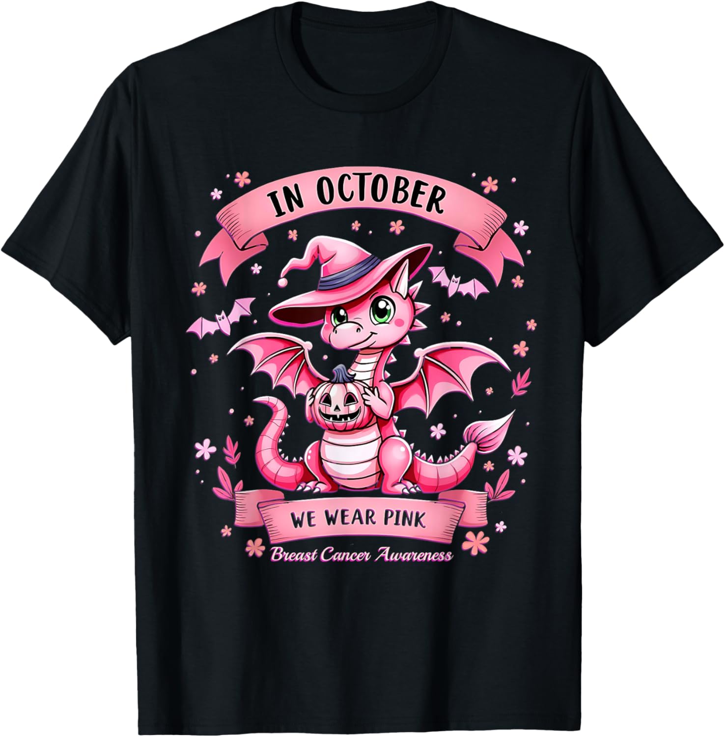October We Wear Pink Breast Cancer Awareness Dragon T-Shirt - T-Shirt | Black