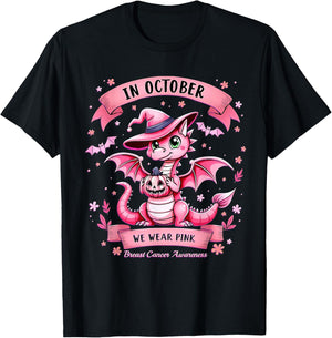 October We Wear Pink Breast Cancer Awareness Dragon T-Shirt - T-Shirt | Black