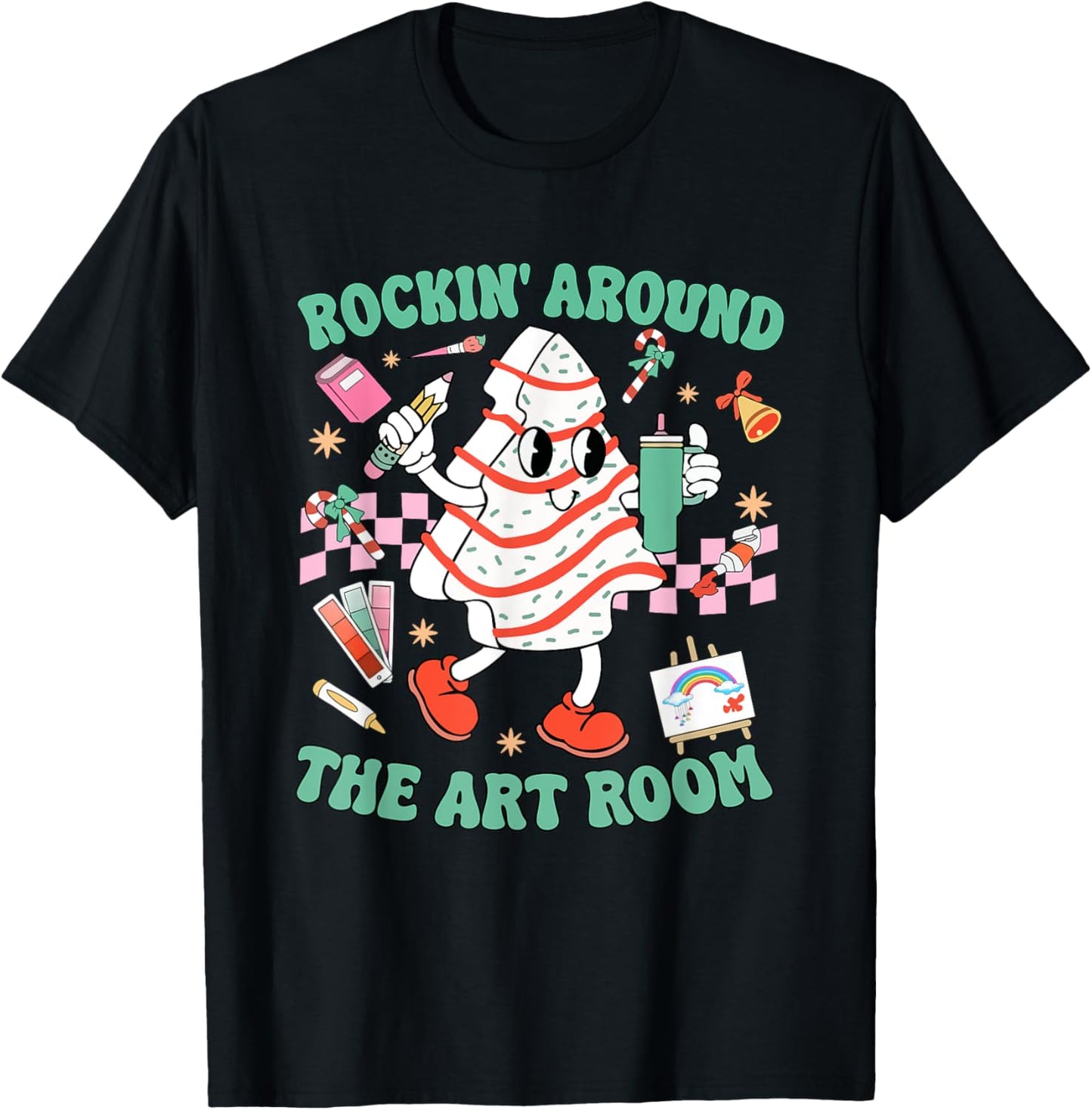 Rocking Around The Art Room Retro Christmas Art Teacher T-Shirt - T-Shirt | Black