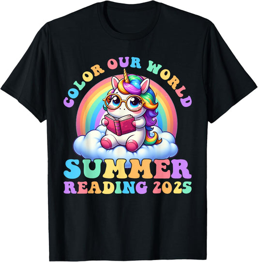 Color Our World Summer 2025 Reading Program Unicorn T-Shirt - T-Shirt | Black