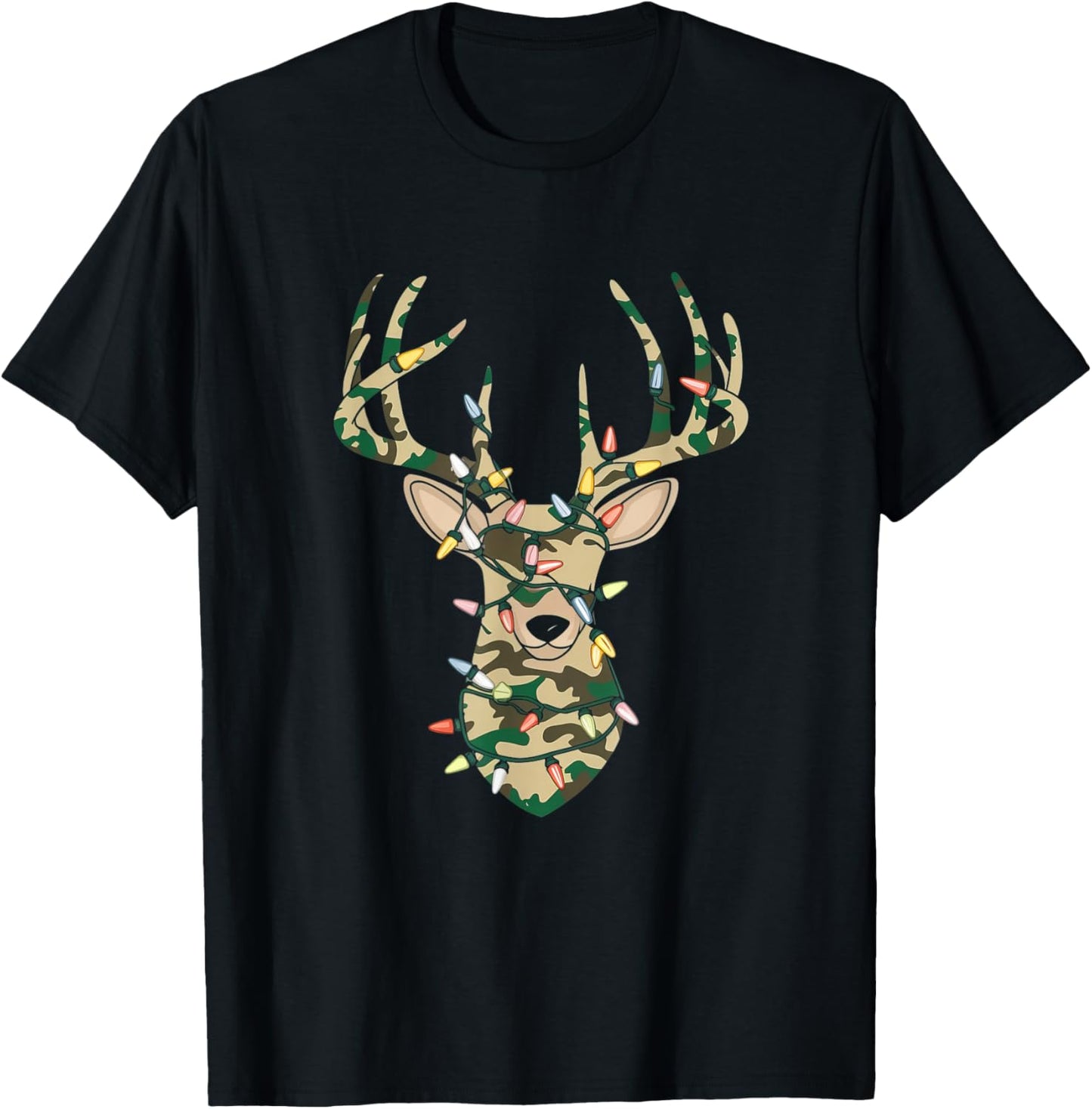 Christmas Camo Holiday Hunting Reindeer Deer Xmas Lights T-Shirt - T-Shirt | Black