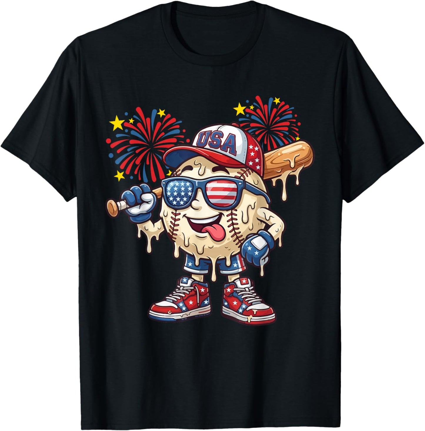 Baseball Drip American Flag for Boys Kids Youth 4th of July T-Shirt - T-Shirt | Black