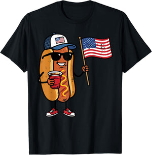 4th of July Hotdog US Flag Cap Patriotic Men Women Boys Kids T-Shirt - T-Shirt | Black