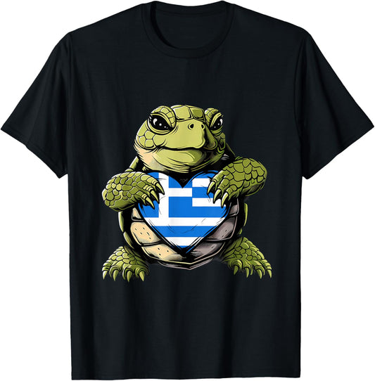 Greece Flag Turtle Hellenic Greek Pride Heart Greek Roots T-Shirt - T-Shirt | Black