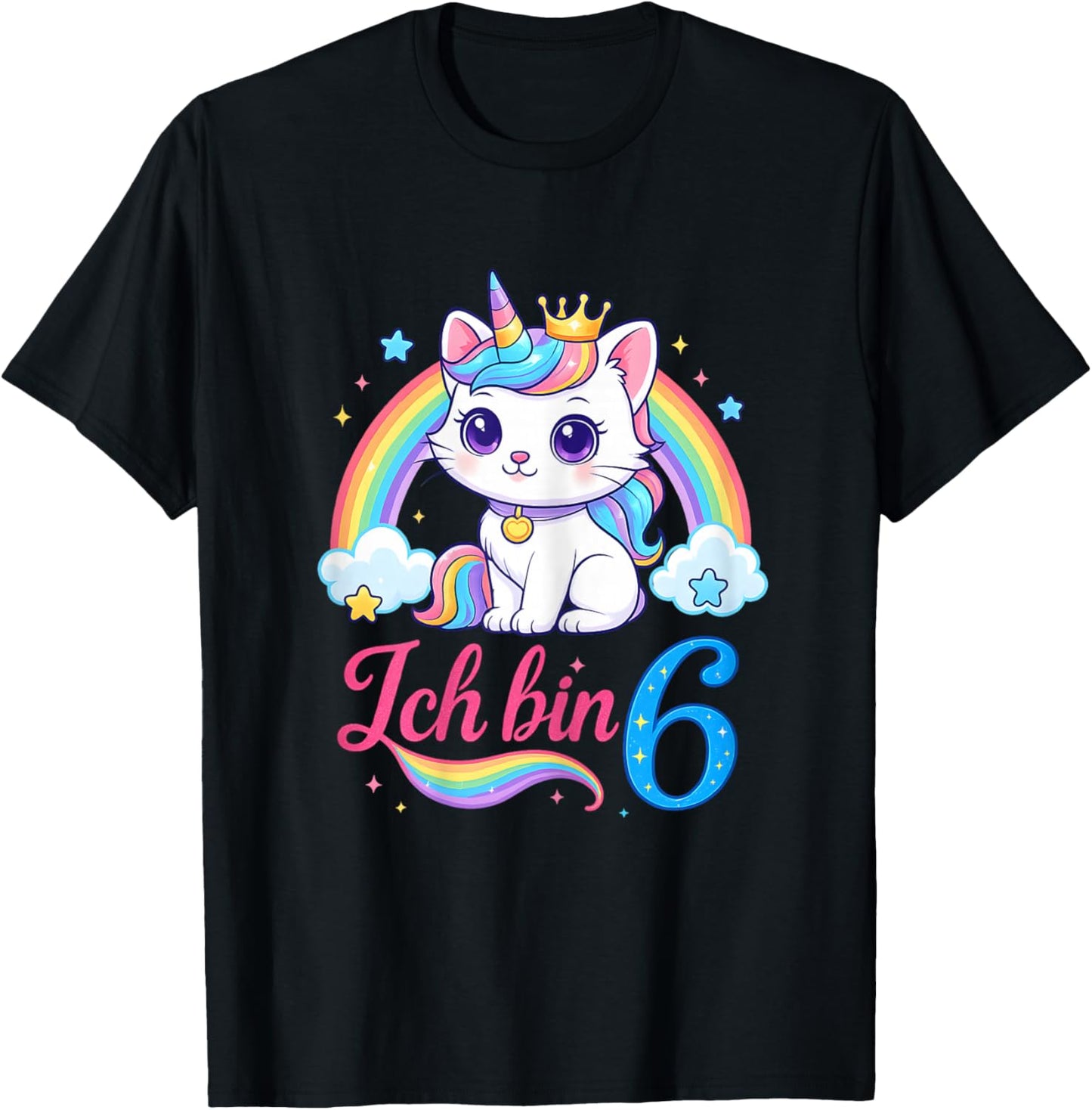 Birthday Shirt 6 Years Girls – Rainbow Unicorn Cat T-Shirt - T-Shirt | Black
