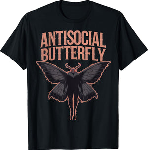 Cryptid Cryptozoology Mothman Introvert -Adults Butterfly Black Small Classic Fit Short Sleeve Polyester 100% Printed Design Blended Fabric T-Shirt - T-Shirt | Black