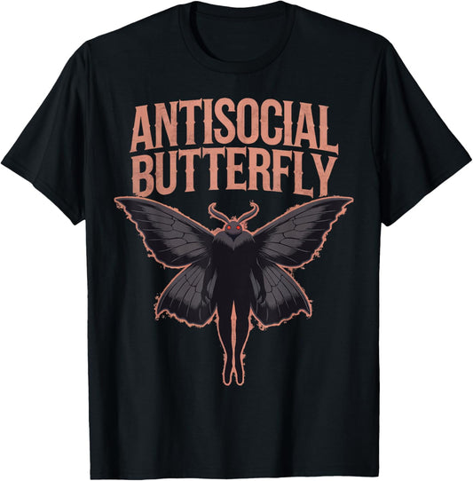 Cryptid Cryptozoology Mothman Introvert -Adults Butterfly Black Small Classic Fit Short Sleeve Polyester 100% Printed Design Blended Fabric T-Shirt - T-Shirt | Black
