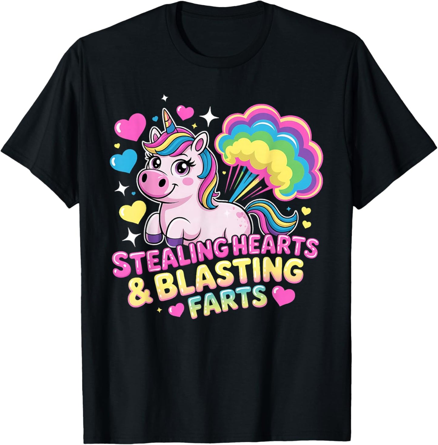 Funny Cute Unicorn Stealing Hearts Blasting Farts Design T-Shirt - T-Shirt | Black
