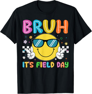 Groovy Smile Face Bruh Its Field Day Teacher Boys Girls Kids T-Shirt - T-Shirt | Black