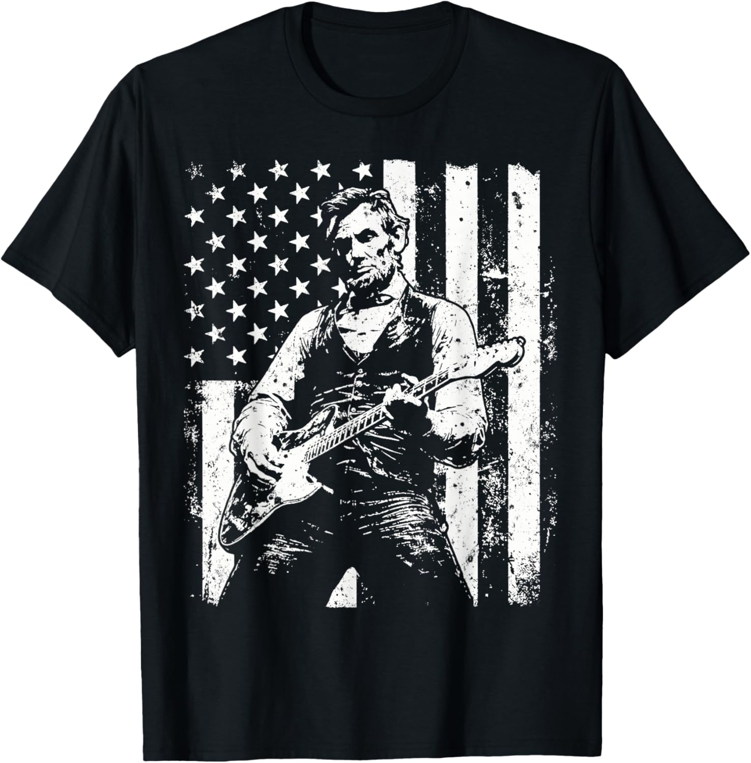 Vintage American Flag Lincoln Guitar T-Shirt - T-Shirt | Black