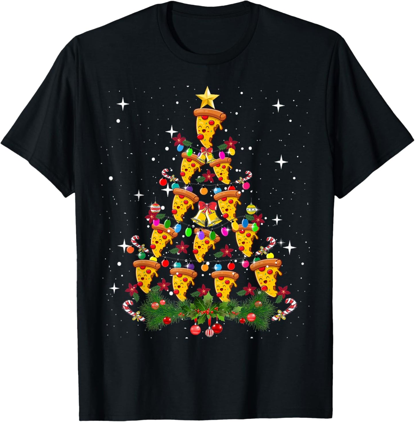 Pizza Christmas Tree Light Pizza Fast Food Lover Xmas Gifts T-Shirt - T-Shirt | Black