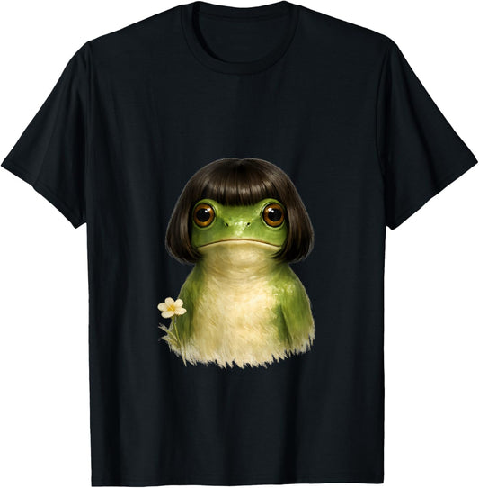 Surreal Frog Portrait in Bob Wig T-Shirt - T-Shirt | Black