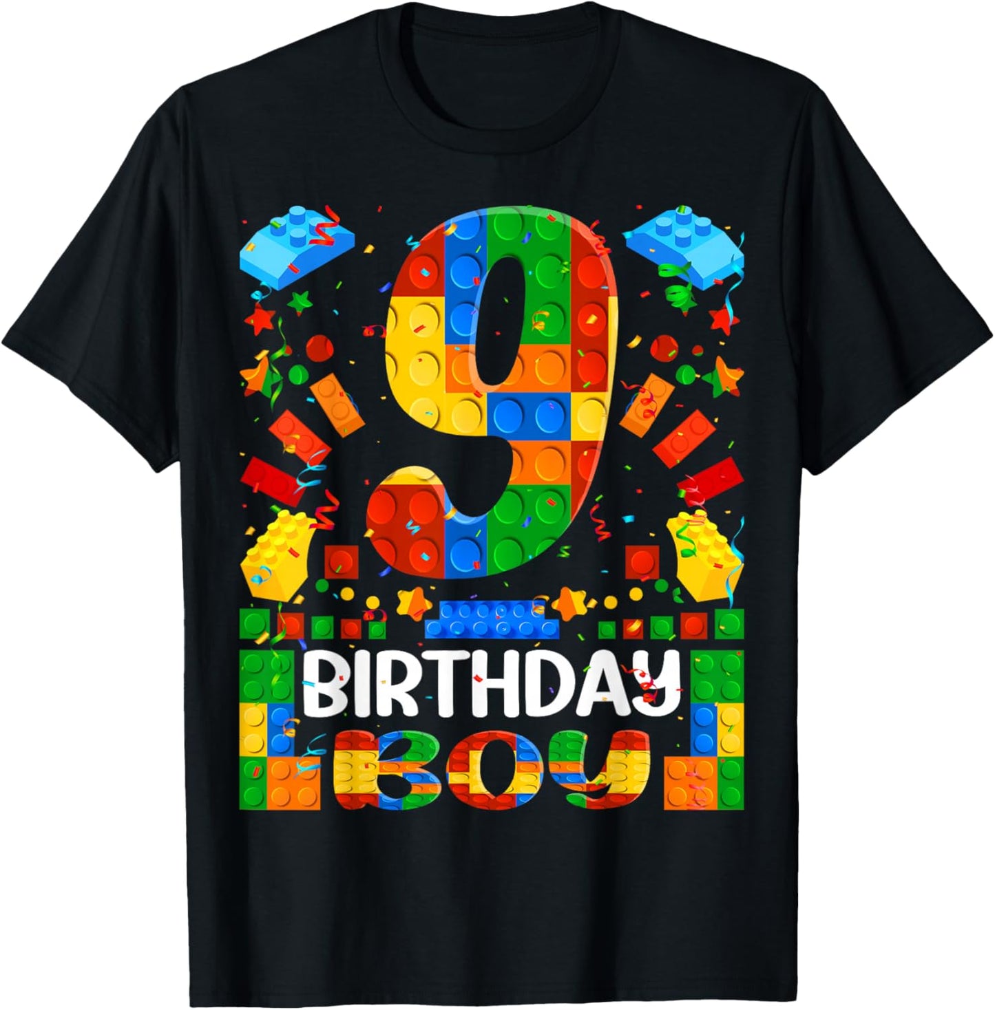 9 Year Old Building Blocks 9th Birthday Boy Brick Builder T-Shirt - T-Shirt | Black