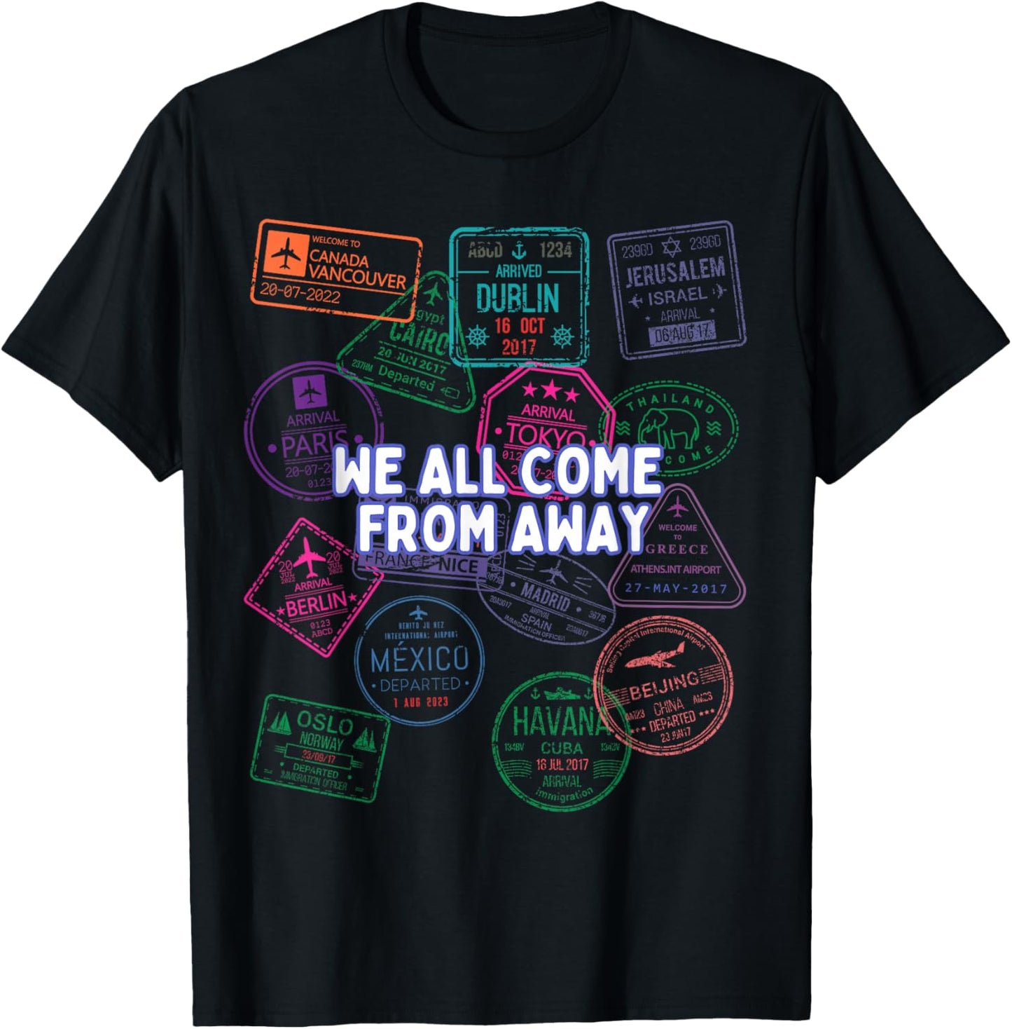 We All Come From Away Travel Stamps Musical Theatre T-Shirt - T-Shirt | Black