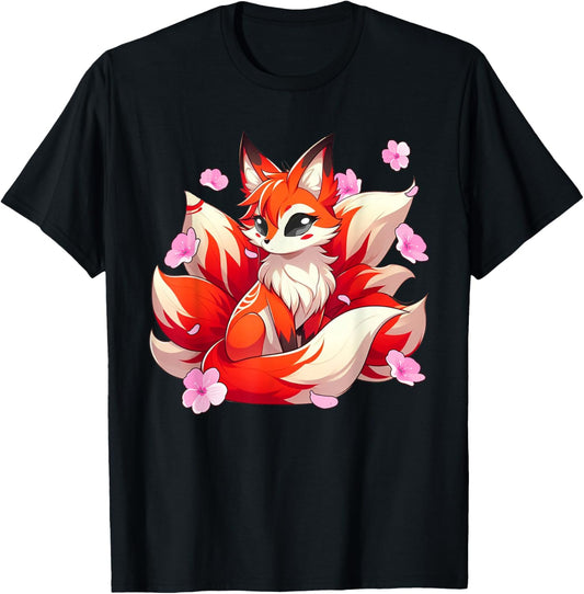 Japanese Kawaii Kitsune Nine Tail Fox Cherry Blossom Flowers T-Shirt - T-Shirt | Black