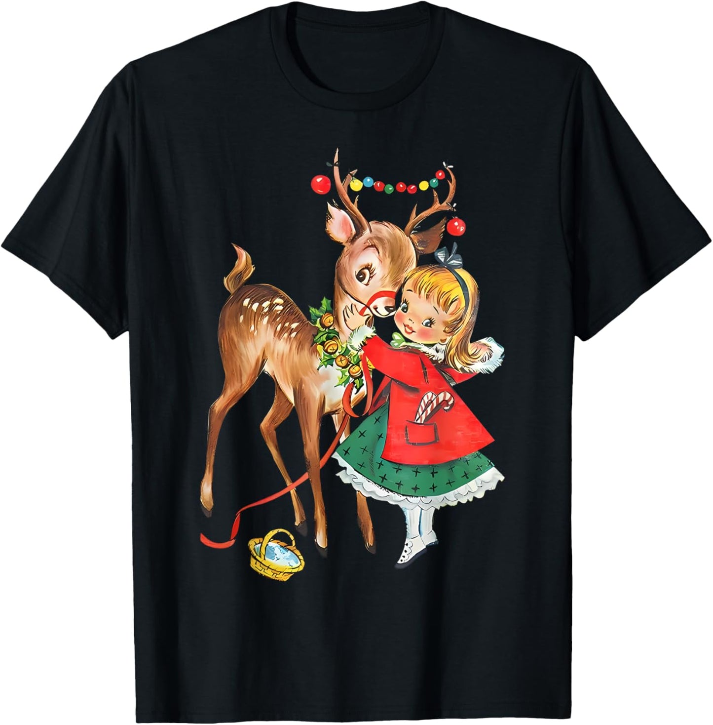 Vintage 1950s Old Fashioned Family Christmas Retro Christmas Reindeer And Girl Mid Century Xmas T-Shirt - T-Shirt | Black