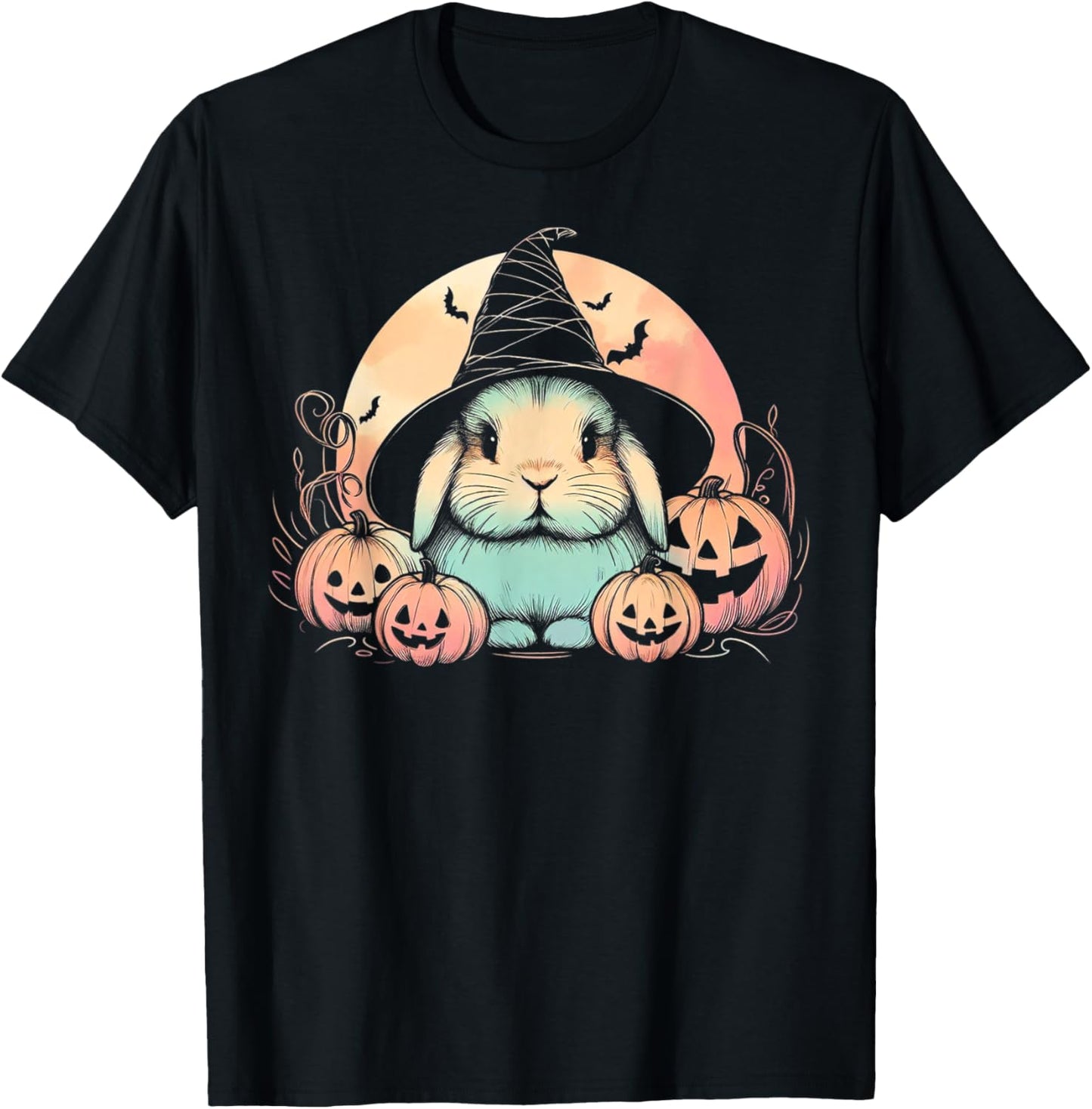Halloween Witch Rabbit Spooky Holland Lop with Pumpkins Moon T-Shirt - T-Shirt | Black