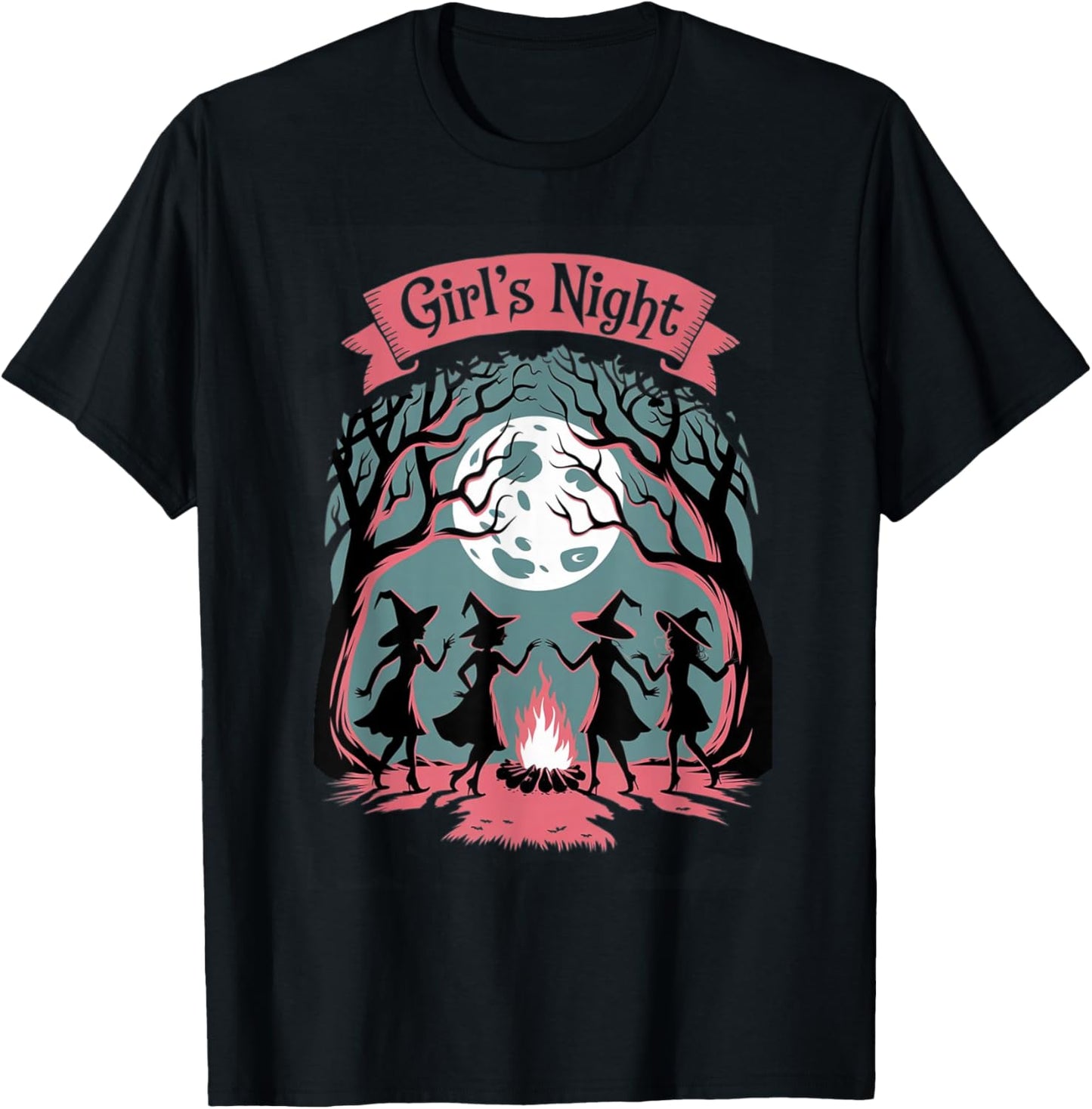 Girl's Night Witch Coven Halloween motif Spooky Fun banner T-Shirt - T-Shirt | Black