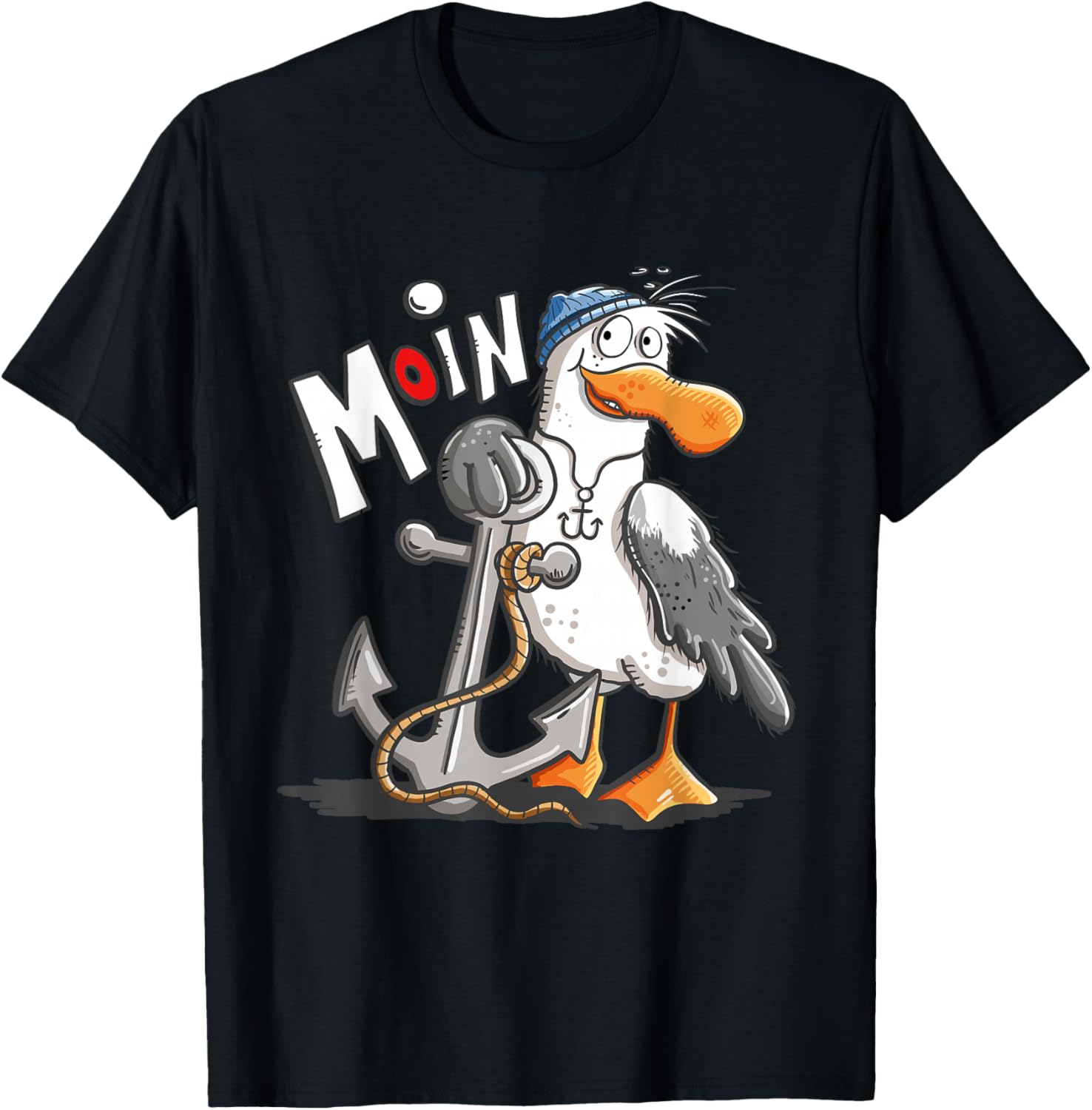 Moin Cartoon Möwe mit Anker Lustiges Maritimes Küsten Motiv T-Shirt - T-Shirt | Black