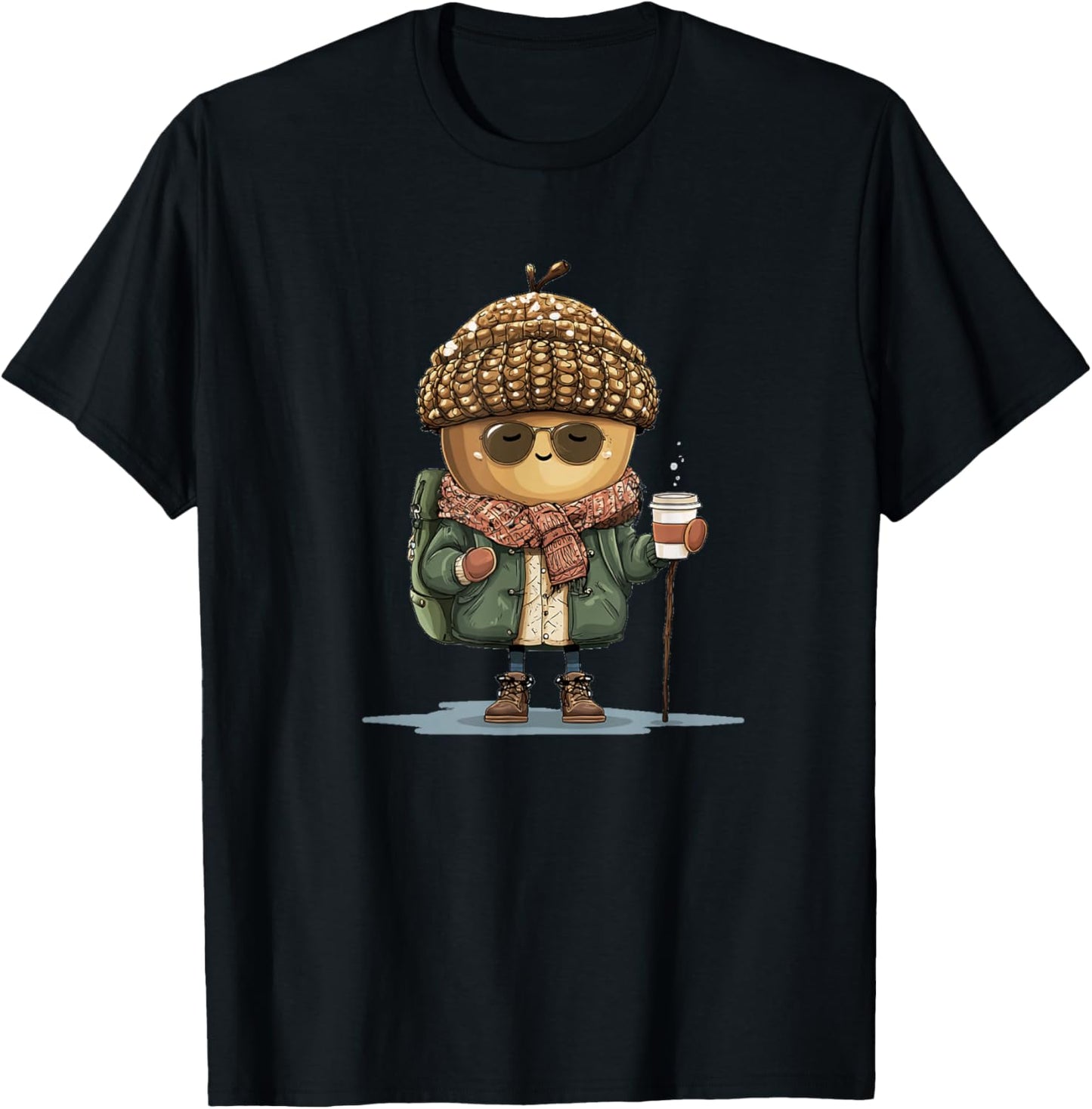 Nice Winter Hiker Acorn with Coffee and Shawl Costume T-Shirt - T-Shirt | Black