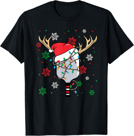 Christmas Pickleball Paddle Reindeer Santa Hat Xmas Costume T-Shirt - T-Shirt | Black
